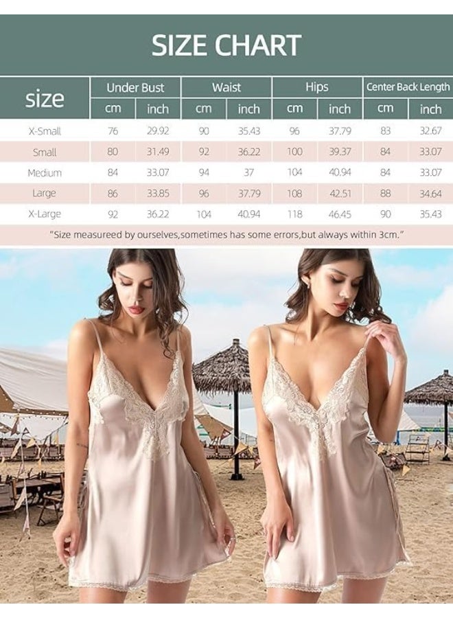 Cure Women’s Chemise Deep V Neck Lace Nightgown Slip Satin Sleepwear Nightdress Pyjama, Black - Image 5